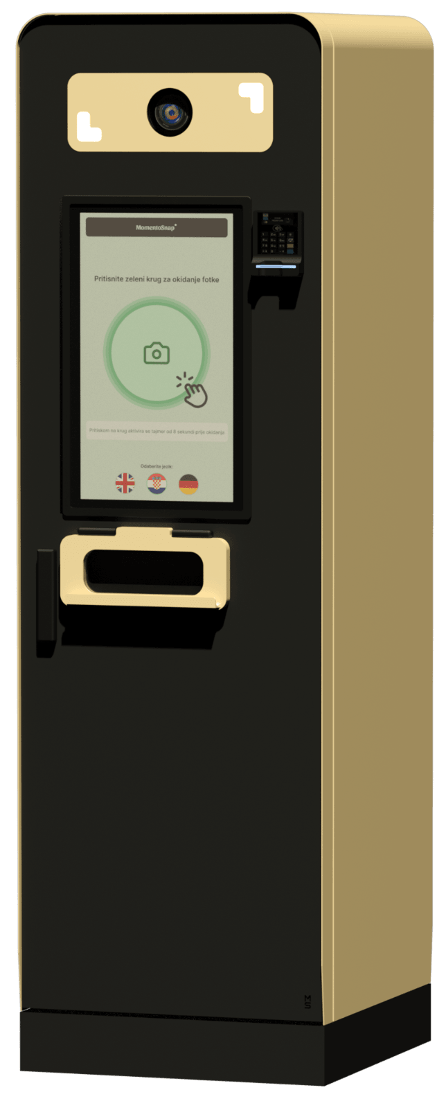 MomentoSnap unattended outdoor photo booth — full kiosk render showing the camera, touchscreen, payment slot and print tray